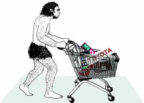 원시인에게 유명 브랜드 상품들이 가치가 있을까? 답은 ‘아니다’다. 저자는 왜 인간이 더 많이 소비하도록 진화해 왔는지를 밝히고
소비주의에서 탈출할 방법을 제시한다. 사진 제공 동녘사이언스 그래픽 박초희 기자