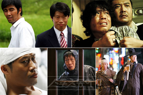 유해진이 출연한 대표작들. (맨 왼쪽부터 시계방으로) ‘이장과 군수(2007)’, ‘트럭(2008)’, ‘전우치(2009)’, ‘이끼(2010)’, ‘죽이고 싶은(2010)’.