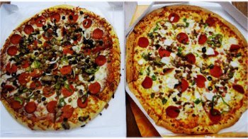 코스트코 피자와 이마트 피자를 나란히 놓고 촬영한 사진. 왼쪽이 코스트코 피자, 오른쪽이 이마트 피자다.