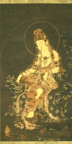 일본 단잔신사에 있는 수월관음도. 고려 후기, 비단에 채색, 110cm×57.7cm. 화려한 금니와 고운 색채가 살아 있는 고려 불화의 명품이다. 사진 제공 국립중앙박물관
