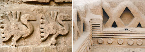It is easy to spot carvings of sea life such as pelicans(left), sea otters and fish on the castle walls as the Chimu Kingdom was swayed by the whims of the sea. The round patterns(right) on the walls signify the moon, which affects tidal currents.