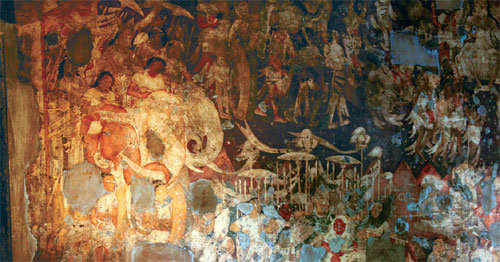 Part of the wall painting in cave no. 17, which shows the apex of Buddhist art. Simhala, a merchant, is leading troops to annihilate monsters that have destroyed his kingdom and his father after narrowly escaping death with the help of the goddess of mercy. He is the person riding the white elephant. The animals in the painting are extremely detailed.