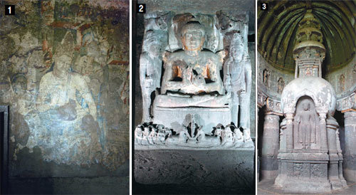 1. Wall painting of a benevolent goddess of mercy in cave no. 1. 
2. Sculpture of the Buddha in cave no. 4. Buddha's hands are in the position he is supposed to have taken during his first preaching. 
3. Cave no. 19, which was reserved for prayers. The stupa in the center has an elaborate carving of the Buddha.