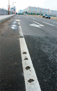 대전시가 지난해 15억 원을 들여 조성한 대덕대로 자전거전용도로의 말굽펜스가 곳곳에서 뽑혀 나가 부실시공 의혹까지 제기되고 있다. 이기진 기자 doyoce@donga.com