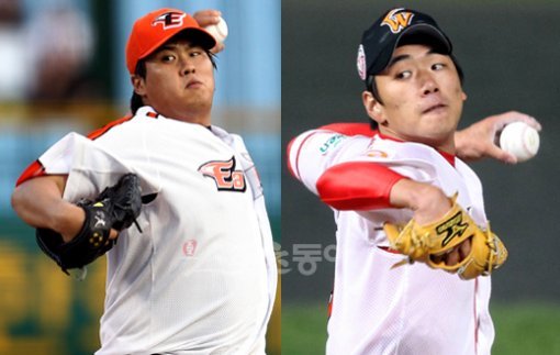 류현진(왼쪽)과 김광현은 광저우 아시안게임 한국야구대표팀이 가진 최강의 금메달 카드다. 두 투수는 특히 최고의 포수 박경완(가운데 작은 사진)의 도움을 얻을 수 있기에 아시안 게임에서 위력이 배가될 것이라는 기대를 받는다. 스포츠동아DB