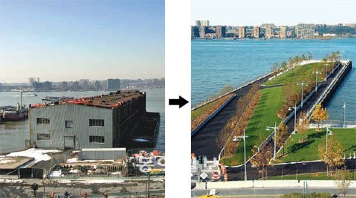미국 뉴욕 맨해튼 24번가와 연결되는 허드슨 리버파크의 64번 부두(Pier 64). 2006년까지만 해도 지저분한 부둣가(왼쪽)였지만 2009년 봄 쾌적한 공원으로 탈바꿈했다. 떡갈나무 가로수길이 맨해튼 북쪽 26번가까지 이어져 있다. 사진 제공 허드슨리버파크트러스트