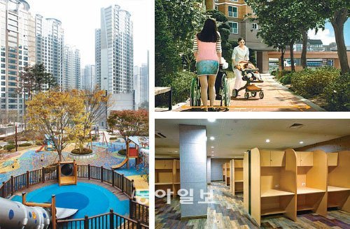 청원건설 ‘위시티 블루밍’의 놀이터(왼쪽)와 대림산업 ‘e편한세상’의 산책로(오른쪽 위), 삼성물산 ‘래미안’의 독서실. 이들 아파트는 학생들이 놀면서 창의력을 키우고 안전하게 단지 내에서 활동하며 공부를 잘할 수 있도록 설계 단계부터 고려한 게 특징이다. 사진 제공 각 회사