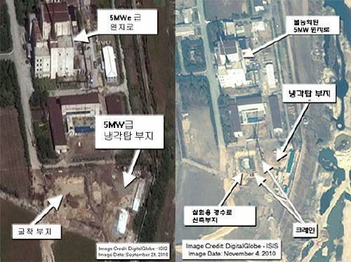 영변의 9월과 11월 미국의 안보 관련 민간연구소인 과학국제안보연구소(ISIS)가 18일 공개한 북한 영변 핵시설 주변의 인공위성 사진. 9월 말 사진(왼쪽)에는 굴착용지만 덩그러니 보였지만 11월 4일 사진(오른쪽)은 공사가 상당히 진척됐음을 보여주고 있다. 직사각형의 구조물이 눈에 띄고 최소 2개의 크레인이 가동 중인 것도 관찰할수 있다. ISIS는 이 위성사진의 구조물이 북한의 실험용 경수로 신축공사 현장이라고 설명했다. 사진 제공 ISIS