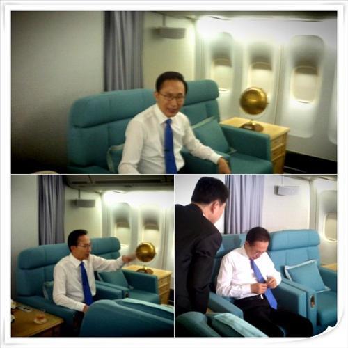 지난 16일 페이스북 청와대 페이지에 실린 전용기 회의실과 이 대통령의 모습. 지난 14일 일본 요코하마 APEC(아시아태평양경제협력체)정상회의에 참석하고 돌아오던 전용기 기내에서 촬영한 사진이다.