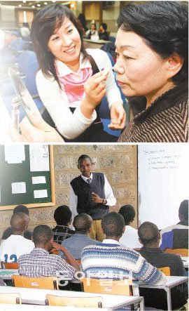 여성 암 환자에게 메이크업 노하우를 전수 중인 아모레퍼시픽 직원(위)과 삼성전자가 케냐에서 벌이고 있는 청년 교육 프로그램(아래). 그래픽 임은혜 happymune@donga.com