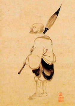 에도시대에 제작된 홍호연의 노년기 초상. 어릴 적 포로로 잡혔을 때 들고 있던 커다란 붓을 어깨에 메고 있는 모습이 인상적이다. 사진 제공 국립진주박물관