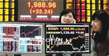 9일 코스피가 연고점을 경신한 가운데 한국거래소 직원이 밝은 표정으로 전화를 받고 있다. 이날 코스피는 1,988.96으로 마감되며 11월 10일 기록했던 연고점(1,967.85)을 한 달 만에 갈아 치웠다. 이훈구 기자 ufo@donga.com