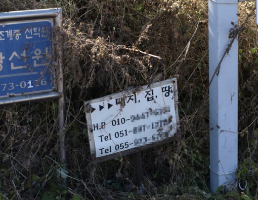 지리산 둘레길 부동산 투자를 위한 중개업자의 휴대번호 알림판.