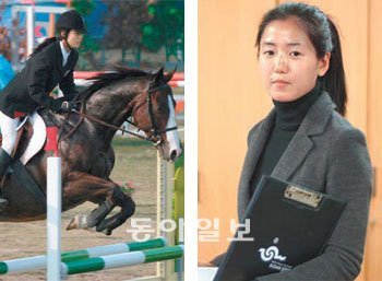 한 국 여자 근대5종의 간판스타 양수진에게 올 한 해는 최고인 동시에 최악의 해였다. 광저우 아시아경기에서 2개의 메달(은1, 동1)을 따냈지만 국내 여자 실업팀이 없어 대학 졸업반인 그는 운동을 그만둬야 할 처지에 놓였다. 큰 사진은 광저우 아시아경기에서 승마 경기를 하는 장면, 작은 사진은 최근 대한근대5종연맹의 행정 인턴사원으로 일하는 모습. 사진 제공 대한근대5종연맹