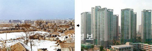 서울 서초구 반포지구의 1980년대 모습(왼쪽)과 2000년대 모습. 1980년대에는 너른 들판과 낮은 집들, 건축 중인 아파트가 있었지만 2000년대에는 고층 아파트가 빼곡하게 들어섰다. 사진 제공 서울역사박물관·동아일보 자료 사진