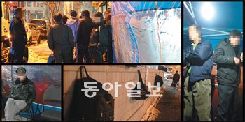 3일 오전 5시경 서울 양천구 신정3동 신정네거리역 앞 인력시장에 모인 일용직 건설근로자들이 난로 앞에서 추위를 녹이며 대화를 하고 있다. 벽에 걸어 놓은 가방에는 근로자
들이 직접 준비해야 하는 안전모, 안전화와 각종 작업도구가 가득 차 있다. 변영욱 기자 cut@donga.com