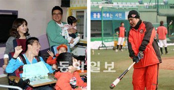 “훈련하랴, 봉사활동하랴 바빠요.” 지난해 12월 11일 김석류 씨(뒷줄 왼쪽)와 결혼한 김태균이 같은 달 29일 경기 광주시 어린이재단 한사랑마을을 찾아 어린이들과 함께 시간을 보내고 있다(왼쪽 사진). 김태균은 올해 목표로 잡은 3할 타율, 30홈런을 달성하기 위해 영하의 날씨에도 방망이를 휘둘렀다. 3일 친정팀 한화의 팀훈련이 열린 대전구장에서 배팅 연습을 하고 있는 김태균(오른쪽 사진). 사진 제공 한화 이글스