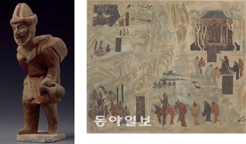 1300여 년 전 봇짐 하나 메고 실크로드를 따라 낯선 곳으로 여행을 떠나던 서역인의 모습을 표현한 인형(왼쪽 사진)과 서역길을 개척한 장건의 여행길을 상징화한 서역 출사도(모사). 사진 제공 국립중앙박물관