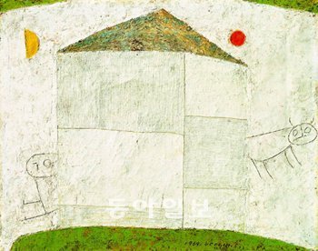 장욱진의 ‘하얀 집’(1969년). 자신의 정체성을 모색하기 위해 순수추상을 실험했던 덕소 시대의 작품으로 네모와 세모 등 기하도 형이 등장한다. 사진 제공 갤러리 현대