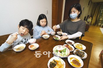 아이들이 독감에 걸렸을 경우 식사할 때 가족 감염을 막는 방법 중의 하나로 부모는 되도록 마스크를 착용하고 아이들의 개인 그릇에 밥과 반찬을 덜어주면 좋다. 사진 제공 한림대 의대