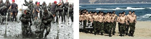 해군 특수전부대(UDT/SEAL) 요원이 되기 위해선 한국군 가운데 가장 긴 24주의 극한 훈련을 받아야 한다. 5주차에 이뤄지는 ‘지옥주 훈련’에선 1주일 동안 잠을 자지 못한다. 개펄에서 훈련을 받을 때 이들은 머리에 보트를 이고 밥을 먹기도 한다(왼쪽 사진). 혹한기 훈련 때는 뼛속까지 시릴 만큼 차가운 바닷물과 싸워야 한다(오른쪽 사진). 사진 제공 해군