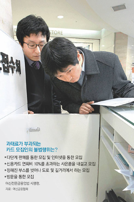 “불법 사은품 없나” 여신금융협회 합동기동점검반원들이 28일 서울의 한 대형마트 내 카드발급 부스에 불법 사은품이 있는지를 살펴보고 있다. 이훈구 기자 ufo@donga.com