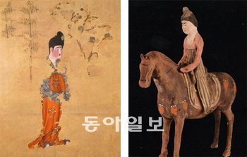 투루판에서 출토된 ‘미인도’(왼쪽)와 ‘말을 탄 여인 소조상’. 사진 제공 국립중앙박물관