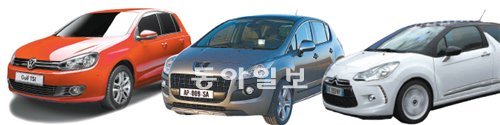 왼쪽부터 골프 1.4TSI, 푸조 뉴3008, 시트로앵 DS3.