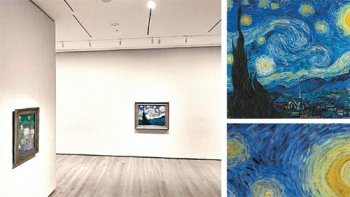 빈센트 반 고흐의 ‘별이 빛나는 밤’이 전시된 뉴욕 현대미술관의 내부(왼쪽)가 한눈에 들어온다. 몇 번의 클릭을 거치면
원작(오른쪽 위)과 그림 속에 감춰져 있던 세세한 모습(오른쪽 아래)이 눈앞에 펼쳐진다. 구글 아트 프로젝트 서비스 화면 캡처