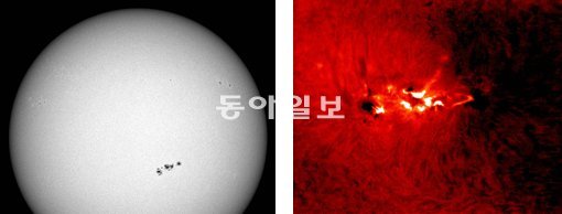 15일 오전 10시 44분부터 12분 동안 태양에서 흑점 폭발이 일어났다. (왼쪽 사진) 흑점폭발이 일어난 지점을 확대해 보면 홍염 사이로 높은 에너지를 가진 밝은 빛이 방출되는 현상이 보인다. 한국천문연구원 제공