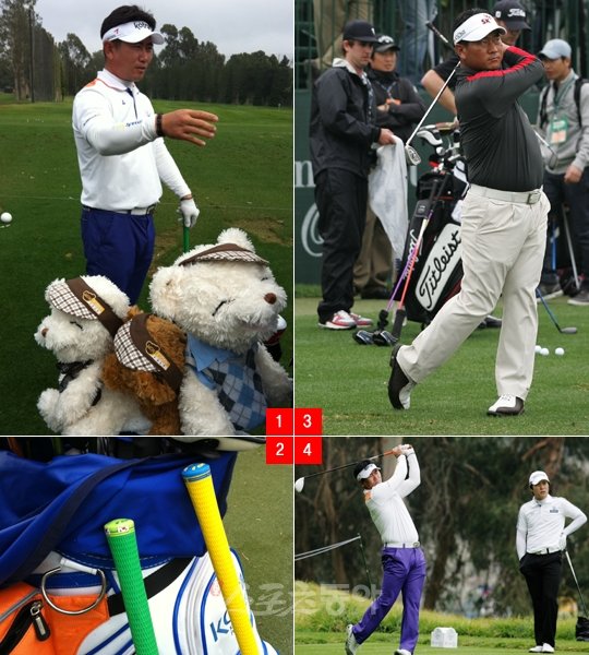 1-2. 깜찍한 테디 베어 인형 커버가 인상적인 양용은의 골프 백. 마치 여자 선수의 가방 같다. 양용은의 클럽 그립에 붙어 있는 태극마크 스티커.3. 최경주가 노던 트러스트오픈을 앞두고 연습장에서 아이언 샷을 점검하고 있다.4. 선배 양용은(왼쪽)의 드라이버 샷을 김경태가 지켜보고 있다.