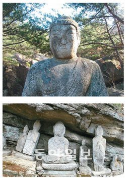 경주남산의 돌부처는 화강암을 사방에서 깎아 만든 불상이고(위), 운주사의 돌부처는 응회암 앞면만을 돋을새김한 불상이다(아래). 화순 운주사=서영수 전문기자 kuki@donga.com