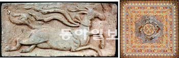 중국 둔황에서 출토된 7∼10세기 ‘천마 무늬 벽돌’(왼쪽)과 막고굴 329굴의 연꽃 비천무늬 천장 벽화. 국립중앙박물관 제공