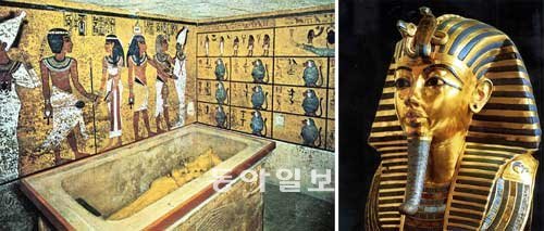 소년 파라오 투탕카멘 무덤의 내부(왼쪽 사진)와 여기서 발굴된 황금마스크. 동아일보 DB