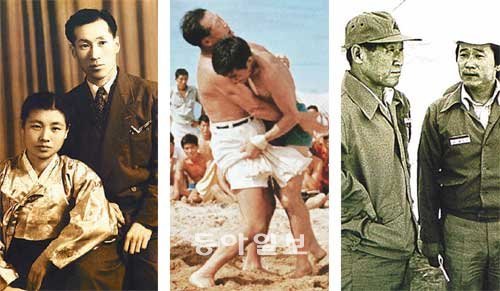 아산 정주영 현대그룹 명예회장의 추모 사진전에 전시된 사진들. 1953년 피란지인 부산에서 부인 변중석 여사와 포즈를 취한 정 명예회장, 회사 하계수련회에서 젊은 직원들과 씨름을 즐기는 장면, 1979년 사우디아라비아 지다시 공사현장을 살피는 모습. (왼쪽부터) 현대차그룹 제공