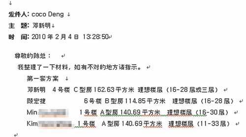 민씨 이름 나온 덩씨 e메일 덩신밍 씨가 지난달 4일 지인에게 보낸 e메일. 덩 씨는 ‘친애하는 진 총(진 사장), 제가 이 자료들을 정리했으니 만약 맞지 않는 부분이 있으면 표시해주세요’ 라고 적었다. 그 아래에는 자신과 민모 씨, 또 다른 한국인 한 명과 중국인 한 명의 이름을 적고 아파트 동 호수 및 크기를 의논했다.