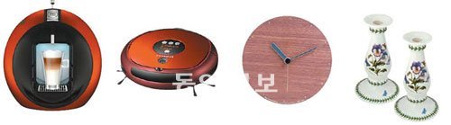 (왼쪽부터)커피머신 ‘서콜로’, 로봇청소기 ‘탱고’, ‘렘노스 럼프 벽시계’, 포트메리온 촛대.