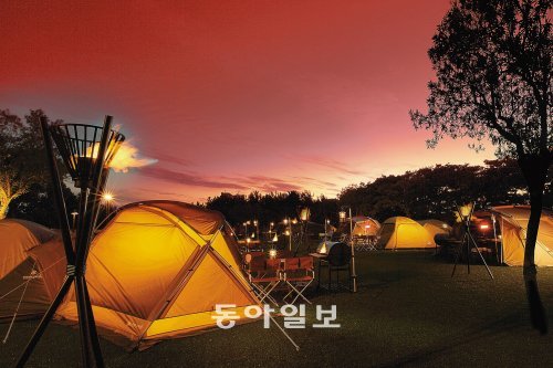 해질 무렵 제주 서귀포시 제주신라호텔의 ‘캠핑&바비큐 존’ 전경. 지난해 11월 개장한 이 캠핑장을 찾는 여행객들은 호텔이 준비한 텐트와 바비큐 용품 등을 사용해 낭만적인 분위기를 즐길 수 있다. 제주신라호텔 제공