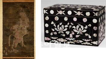 쾰른동아시아미술관이 소장한 고려시대 수월관음도. 한국국제교류재단 제공(왼쪽) ,베를린아시아미술관이 소장하고 있는 조선시대 나전칠기함(오른쪽)