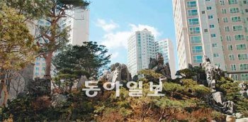 신동아건설의 ‘하이파크시티 신동아 파밀리에’ 단지에 들어선 7m 높이의 인공 석산. 분재형 소나무, 진백 등 10종류의 나무 1000여 그루로 금강산을 표현했다. 신동아건설 제공