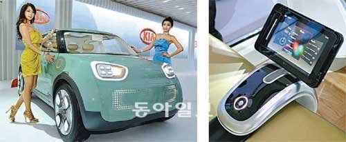 기아자동차가 ‘2011 서울모터쇼’에서 선보인 콘셉트카 ‘네모’에 부착된 LG전자의 최신
태블릿 컴퓨터 ‘옵티머스 패드’. 고양=김선우 기자 sublime@donga.com