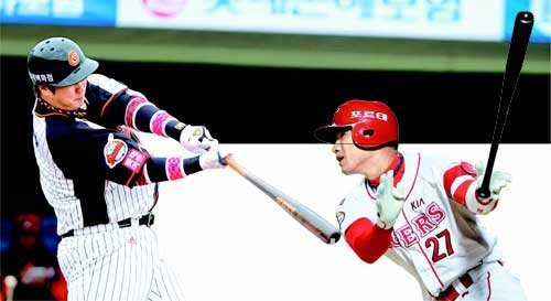 롯데 이대호(왼쪽)와 KIA 김상현(오른쪽)의 홈런 경쟁이 벌써부터 뜨겁다. 이들은 모두 “올해 50홈런이 목표”라고 말했다. 이대호는 3일 한화와의 부산 홈경기에서 솔로 홈런을 날려 개막 2경기 연속 홈런과 통산 200홈런을 기록했다. 김상현은 삼성과의 광주 홈경기에서 시즌 첫 홈런을 그랜드슬램으로 장식했다. 개인 통산 7번째 만루포. 부산=연합뉴스·동아일보 DB