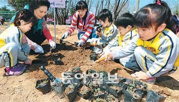 대구 달서구 송현동 ‘아이사랑 꿈나무 자연학습 체험장’에서 어린이들이 꽃모종을 심고
있다. 달서구 제공