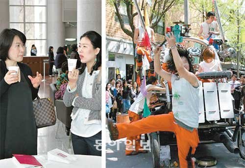 21일 오전 10시 반 경기 성남시 분당구 야탑동 성남아트센터 콘서트홀에서 열린 ‘마티네 콘서트’를 보러온 관객들이 담소를 나누고 있다. 서울 강남구에서는 요일별로 각기 다른 장소에서 열리는 길거리 브런치 콘서트(오른쪽)를 매일 낮 12시에 열고 있다. 성남아트센터·강남구 제공