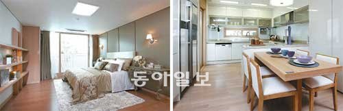 포스코건설의 ‘송도 더샵 그린스퀘어’ 125㎡ 침실(왼쪽)과 84㎡ 주방. 125㎡ 침실은 정남향에 창이 크게 나 있어 빛이 특히 많이 들고 환기도 잘된다. 84㎡ 주방은 좁은 편이지만 수납할 곳이 많아 공간을 효율적으로 사용할 수 있다. 포스코건설 제공