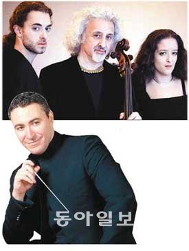 첼리스트 미샤 마이스키(가운데). 왼쪽이 아들 샤샤, 오른쪽이 딸릴리. 서울국제음악제 공(위), 지휘자 겸 바이올리니스트 막심벤게로 프. 동아일보DB(아래)