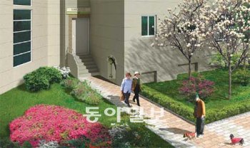 대구 ‘수성못 코오롱하늘채’가 실버 세대를 겨냥해 1층 주택 일부에 적용하는 애완동물 전용 시설 및 노인 전용 출입구. 코오롱건설 제공