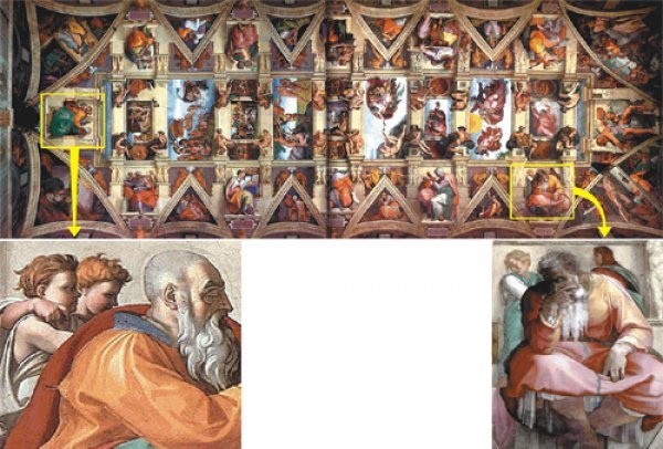 워싱턴포스트지가 선정한 지난 1000년간 그려진 ‘가장 위대한 그림’으로 꼽힌 시스티나 성당의 천장화 ‘천지창조’. 높이 20m의 천장에 그려진 360평 규모의 대작이다. 구약을 모태로 ‘천지창조’ ‘아담과 이브의 탄생’ ‘노아의 홍수’ 등이 파노라마처럼 펼쳐진다. 작품을 의뢰한 율리우스 2세 교황과 수시로 충돌했던 미켈란젤로는 자신의 고뇌하는 모습(위)과 교황에게 ‘손가락욕’을 하는 천사의 모습(아래)을 사도들의 그림 속에 은밀하게 그려넣었다. 연세대 김인섭 씨 제공