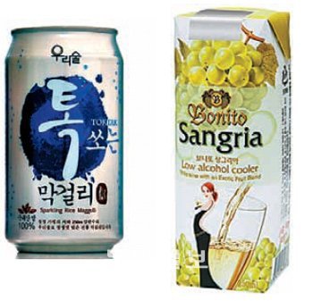 우리술 톡쏘는 막걸리(왼쪽), 보니또 팩 와인