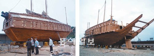 3일 진수대는 3층 구조 거북선(왼쪽). 국내에서 처음으로 원형 복원된 판옥선. 경남도 제공
